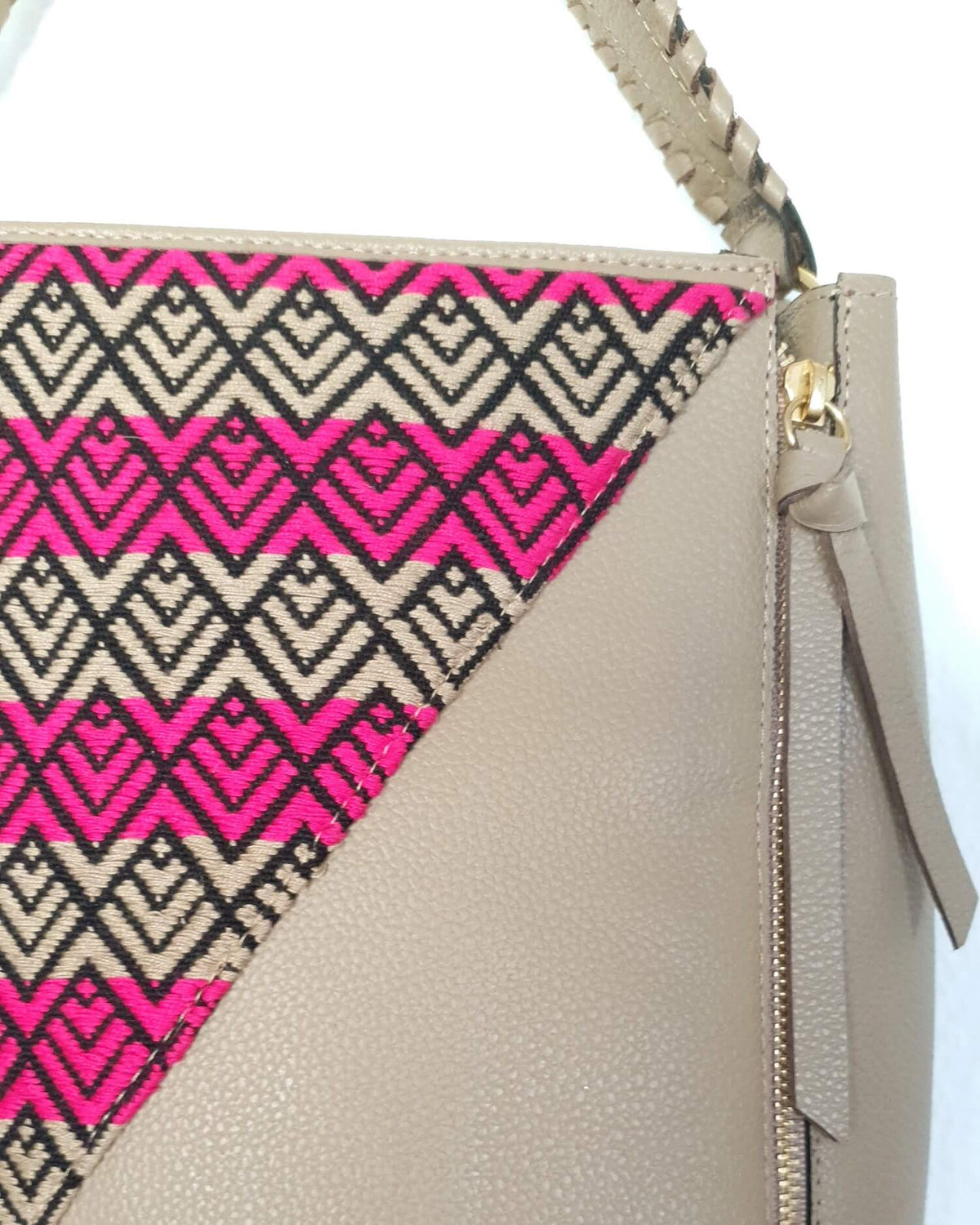 Beige Leather Handbag with Handmade Textile detail view