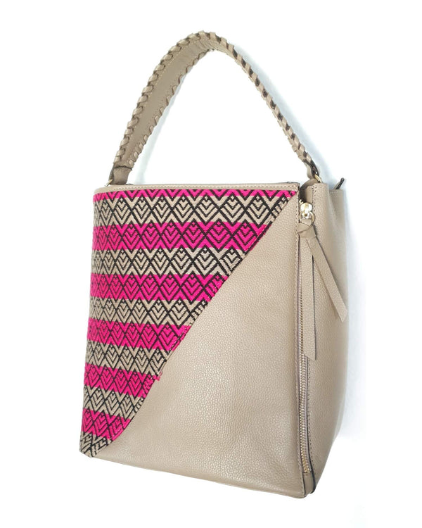 Beige Leather Handbag with Handmade Textile side view