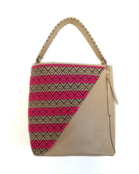 Beige Leather Handbag with Handmade Textile