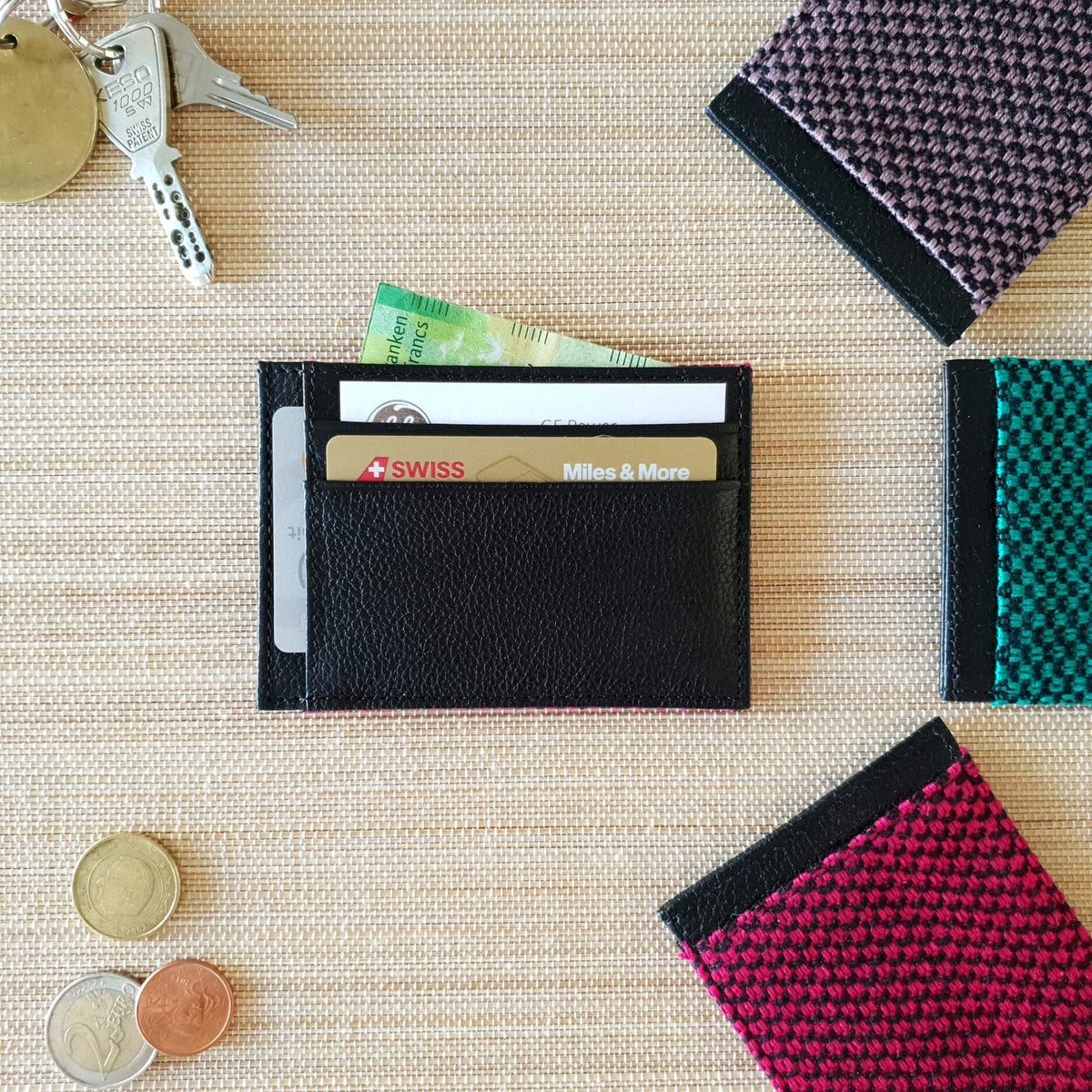 Leather Card Holder Wallet - Handmade - Raspberry, Turquoise & Lilac