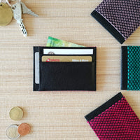 Leather Card Holder Wallet - Handmade - Raspberry, Turquoise & Lilac