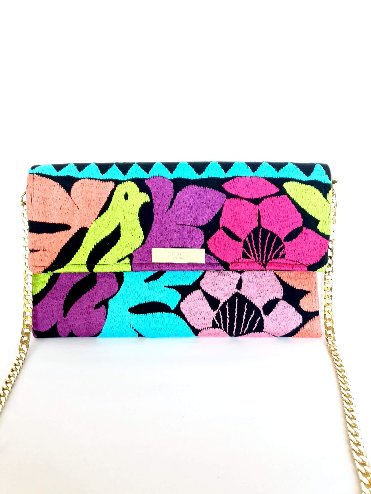 Cross Body & Clutch Bag with Embroidered Flowers in Blue, Purple & Pink