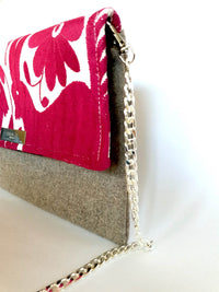 Cross Body & Clutch Bag with Embroidered Flowers in Grey & Burgundy Red side view