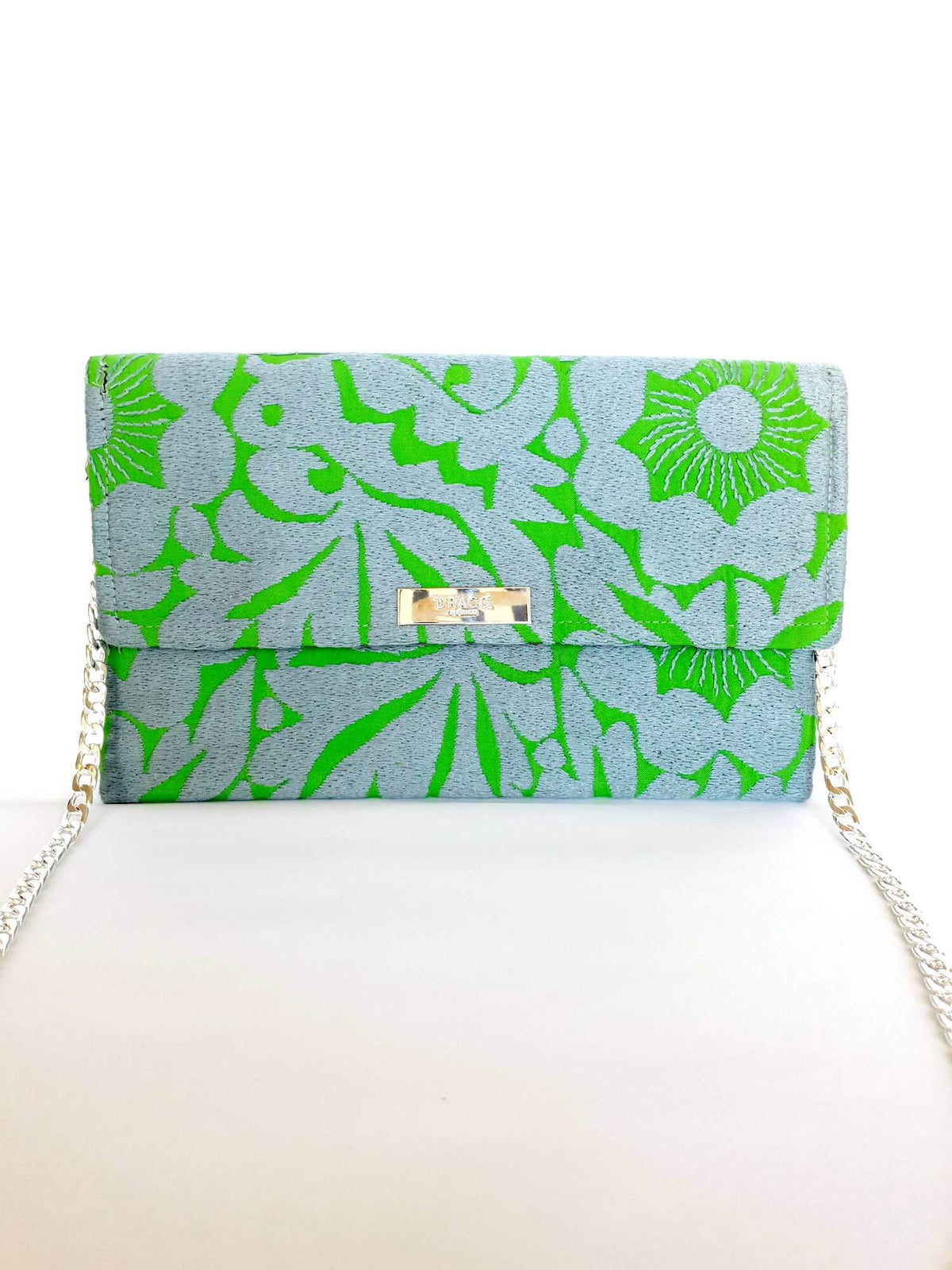 Cross Body & Clutch Bag with Embroidered Flowers in Grey & Green