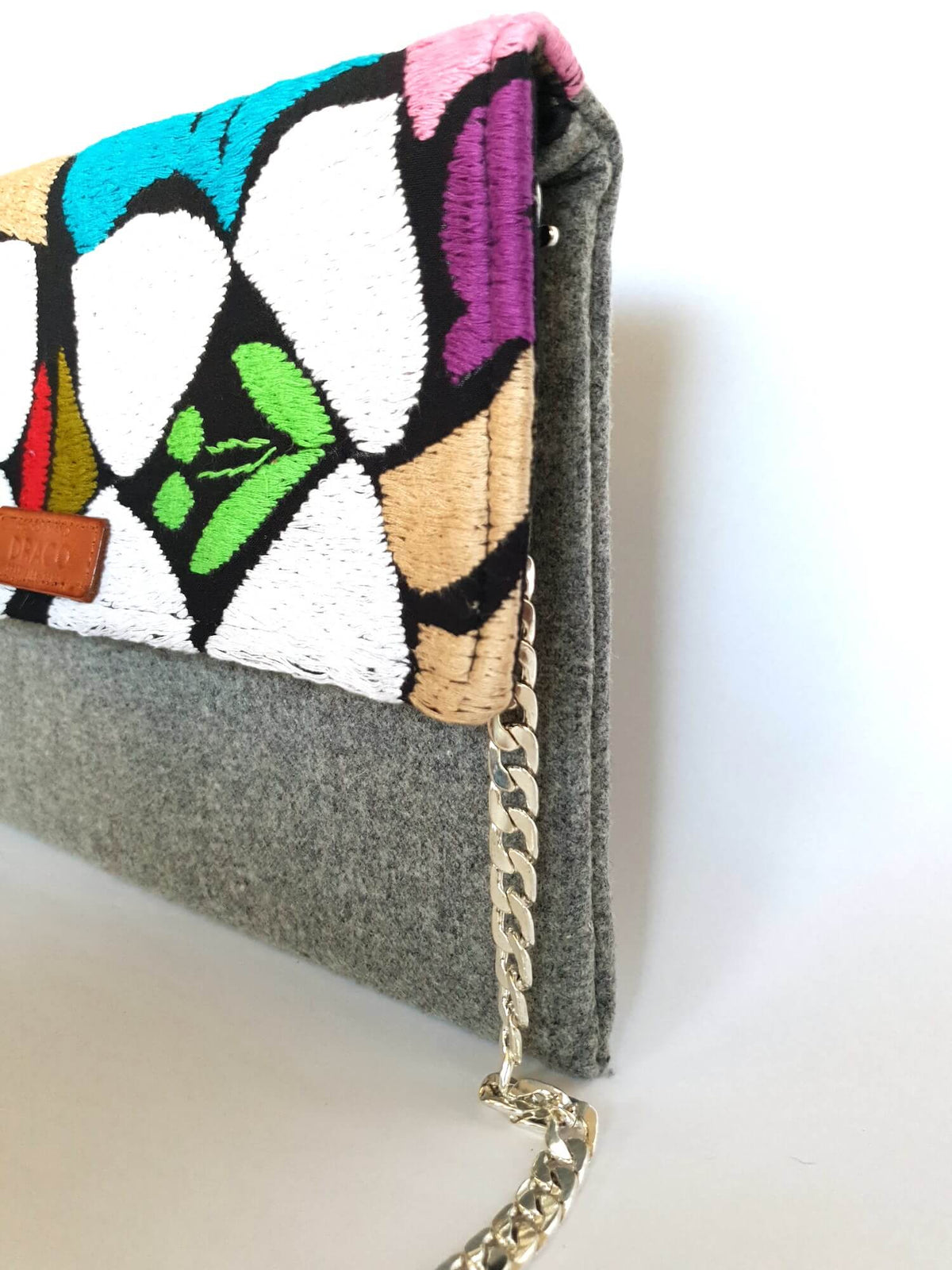 Cross Body & Clutch Bag with Embroidered Flowers in Grey, White, Blue & Green side view