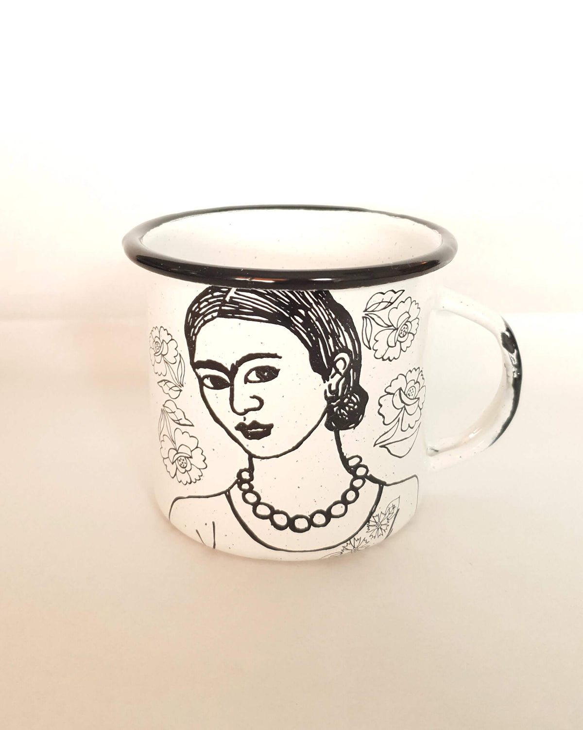 Enamel Coffee Cup Frida Drawing- Black & White
