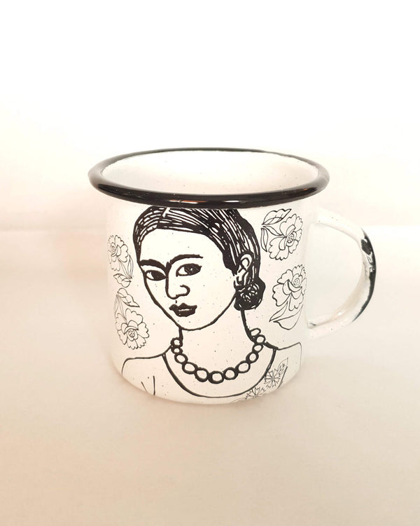 Enamel Coffee Cup Frida Drawing- Black & White
