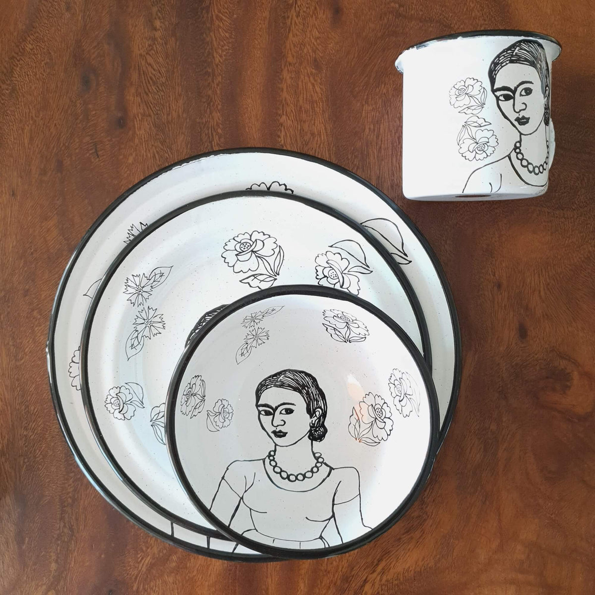 Enamel Coffee Cup Frida Drawing- Black & White