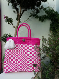 Tote Beach Bag Pink & White - Handwoven Recycled Plastic - I-XU Unique