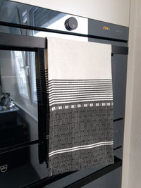 Cotton Kitchen Towel Black & White hanging in oven