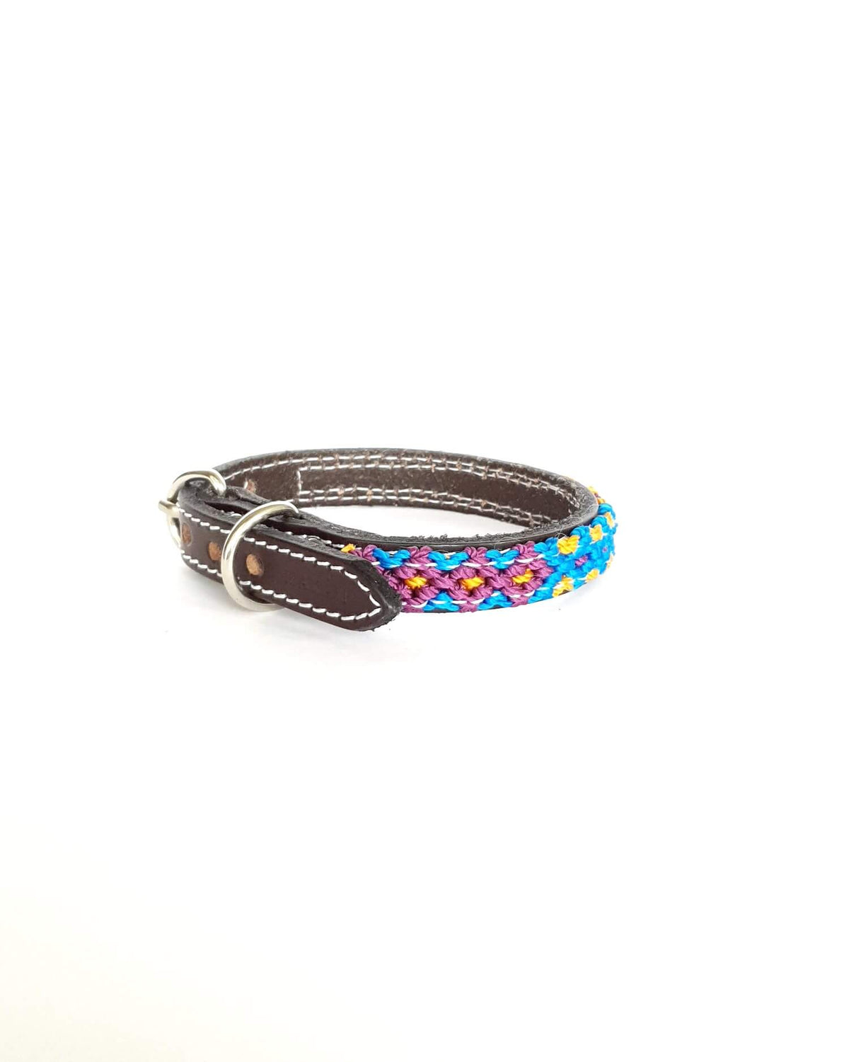 Extra-Small Leather Dog Collar with Handwoven Blue, Yellow & Purple Pattern Buckle