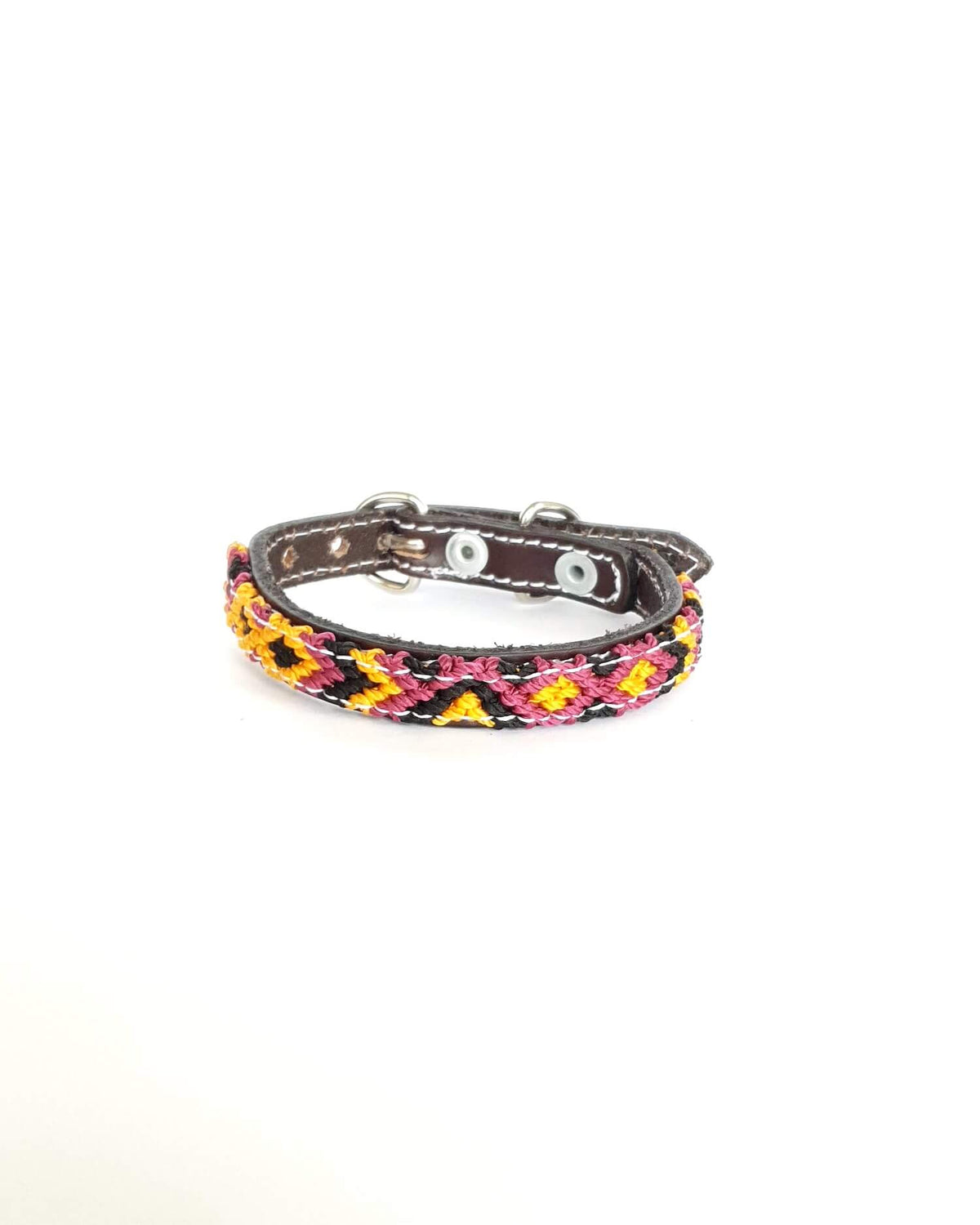 Extra-Small Leather Dog Collar with Handwoven Burgundy, Yellow & Black Pattern