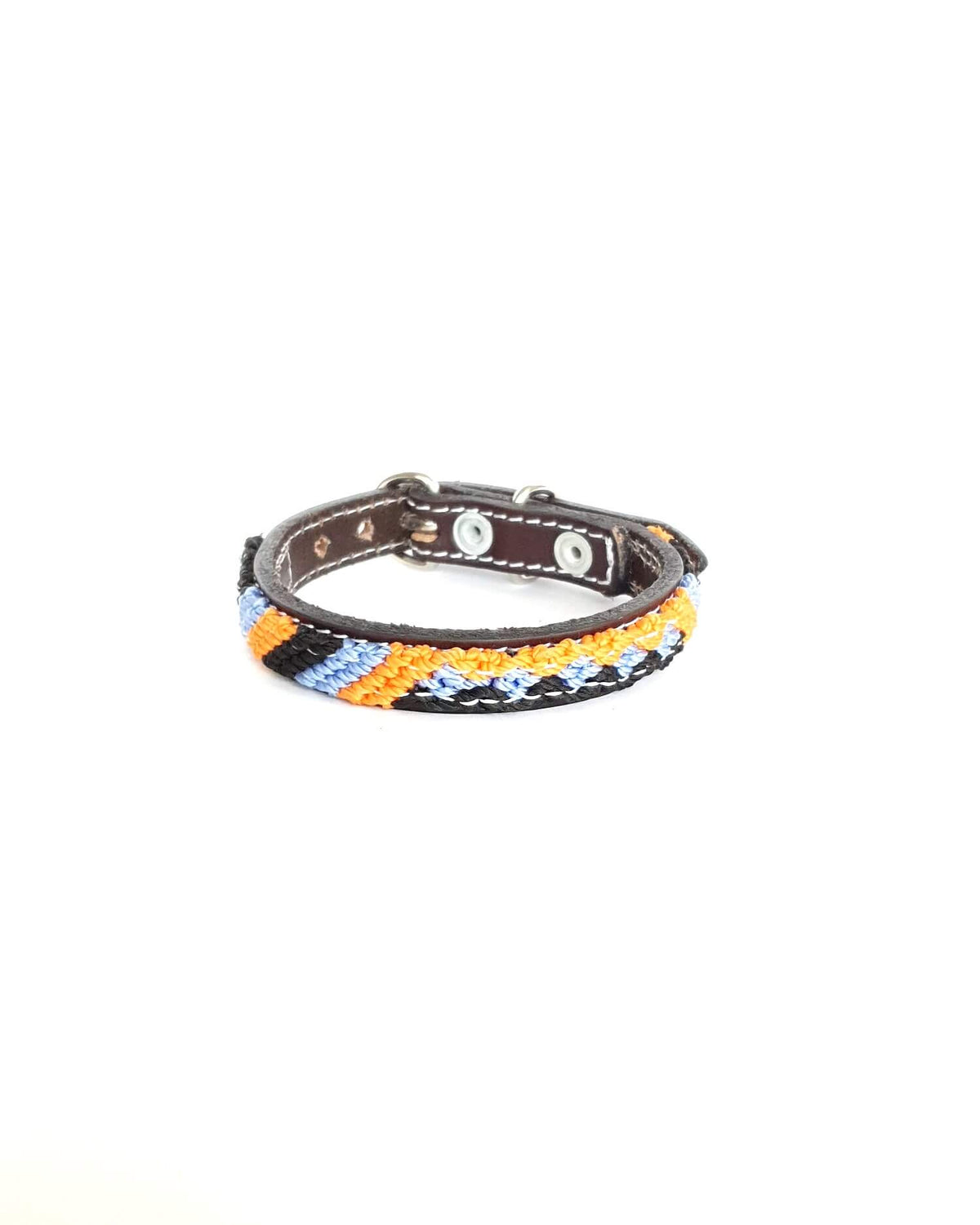 Extra-Small Leather Dog Collar with Handwoven Peach, Sky Blue & Black Pattern