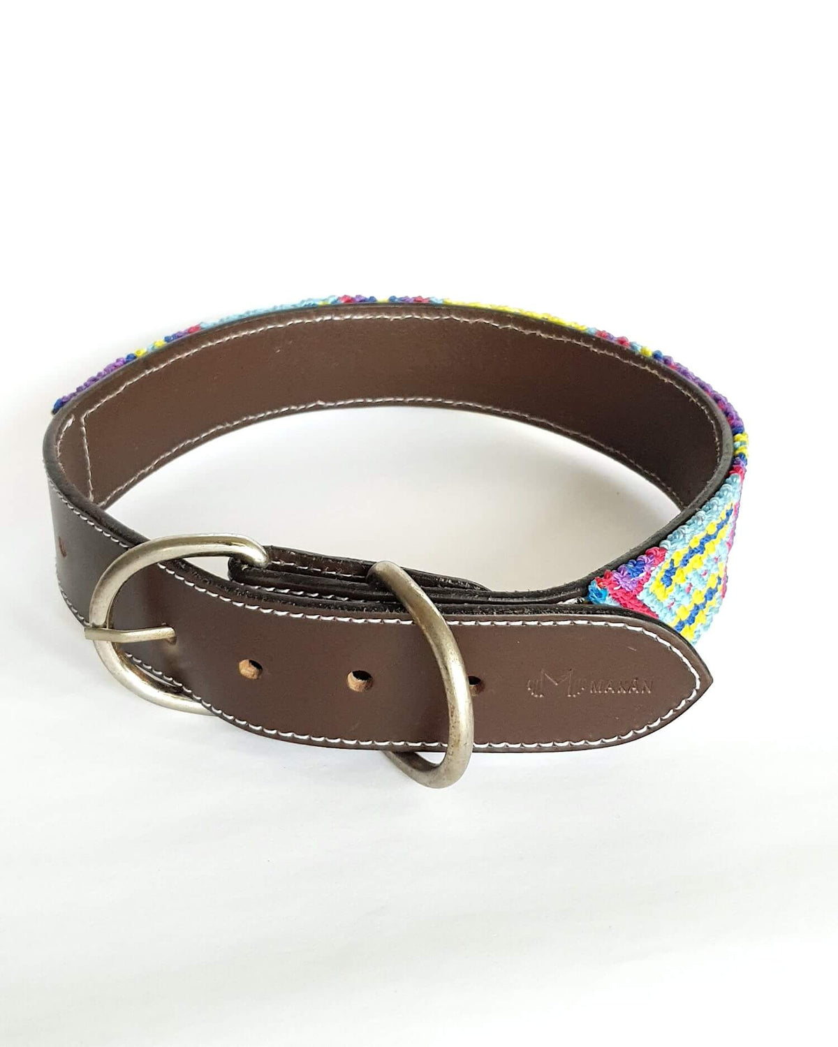 Large Leather Dog Collar with Handwoven Blue, Pink & Yellow Pattern buckle