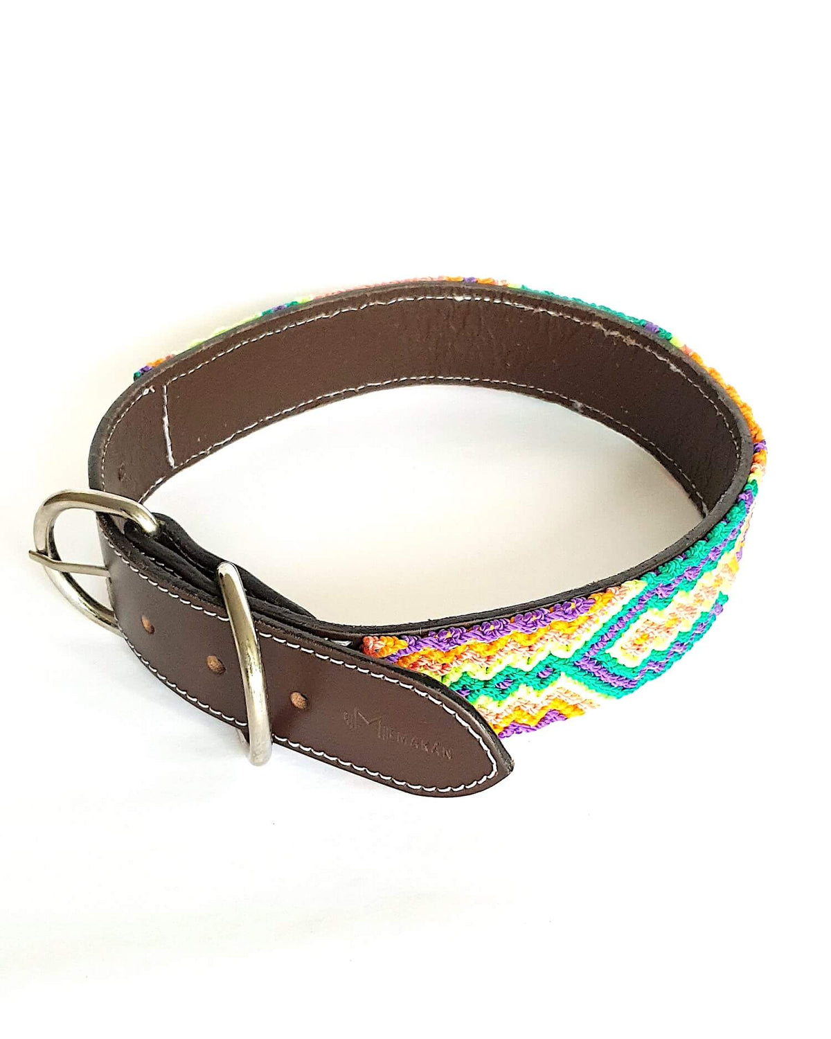 Large Leather Dog Collar with Handwoven Green, Orange & Purple Pattern bucke