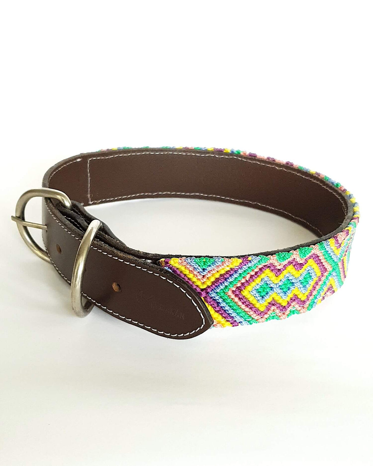 Large Leather Dog Collar with Handwoven Green, Yellow & Purple Pattern buckle