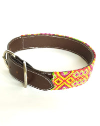 Large Leather Dog Collar with Handwoven Yellow, Orange & Green Pattern buckle