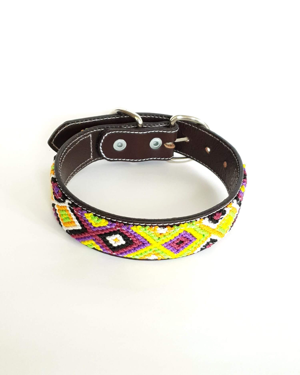 Medium Leather Dog Collar with Handwoven Green, Yellow & Purple Pattern