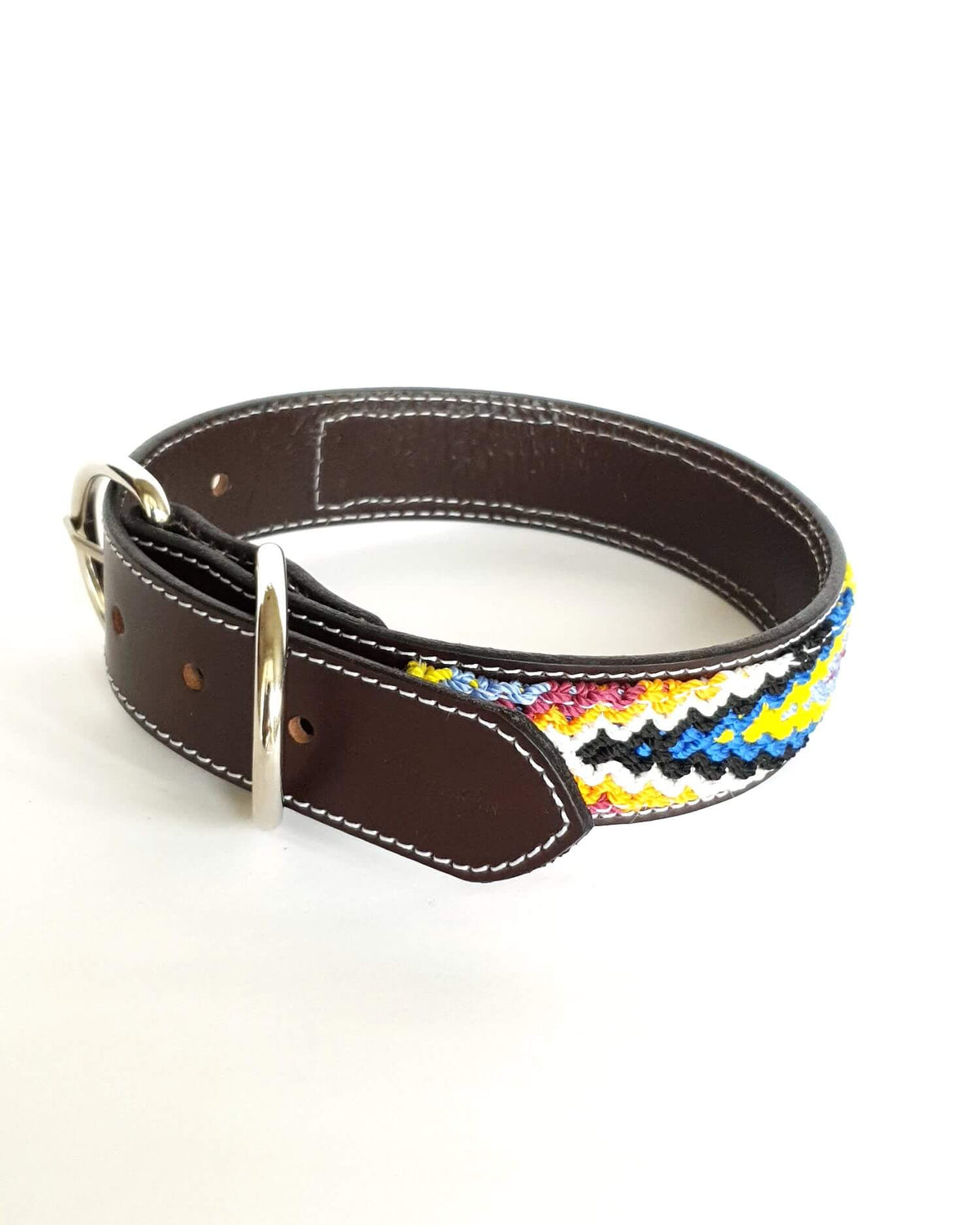 Medium Leather Dog Collar with Handwoven Orange, Blue, Yellow & Black Pattern buckle