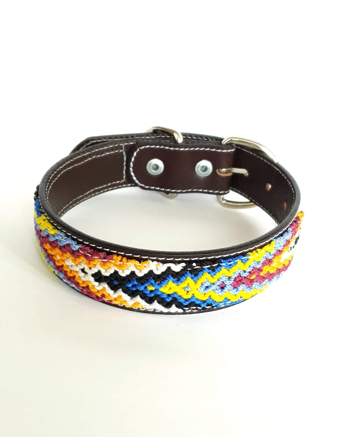 Medium Leather Dog Collar with Handwoven Orange, Blue, Yellow & Black Pattern