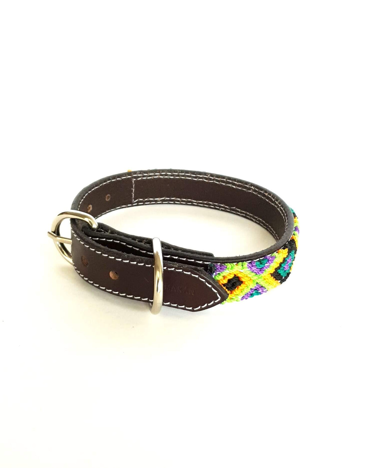 Small Leather Dog Collar with Handwoven Green, Yellow & Black Pattern Buckle