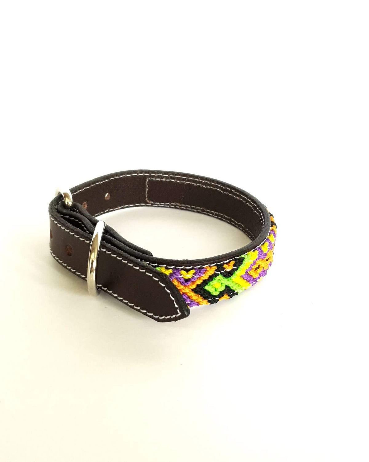 Small Leather Dog Collar with Handwoven Orange, Yellow & Black Pattern Buckle