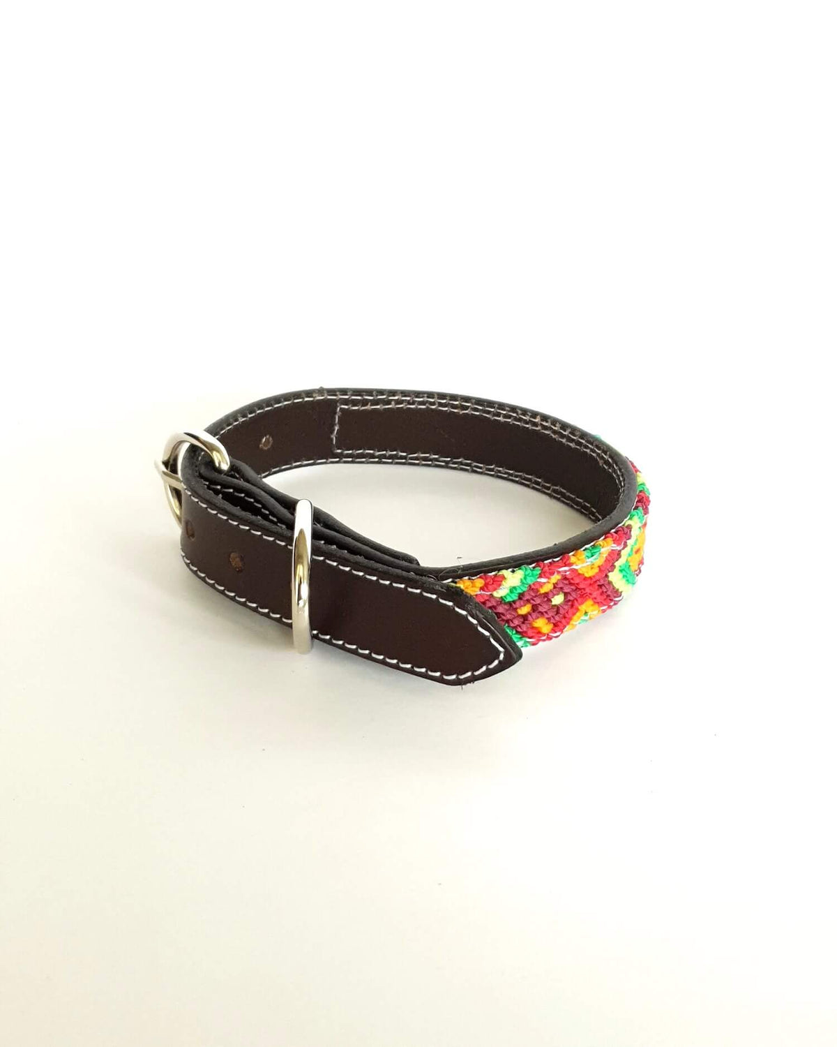 Small Leather Dog Collar with Handwoven Yellow, Green & Red Pattern Buckle