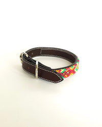 Small Leather Dog Collar with Handwoven Yellow, Green & Red Pattern Buckle
