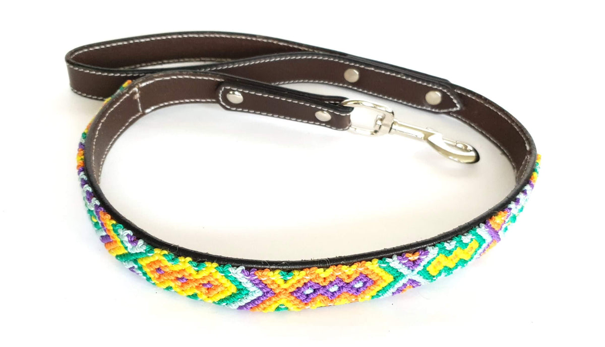 Leather Dog Leash with Handwoven Lilac, Green & Sky Blue Pattern