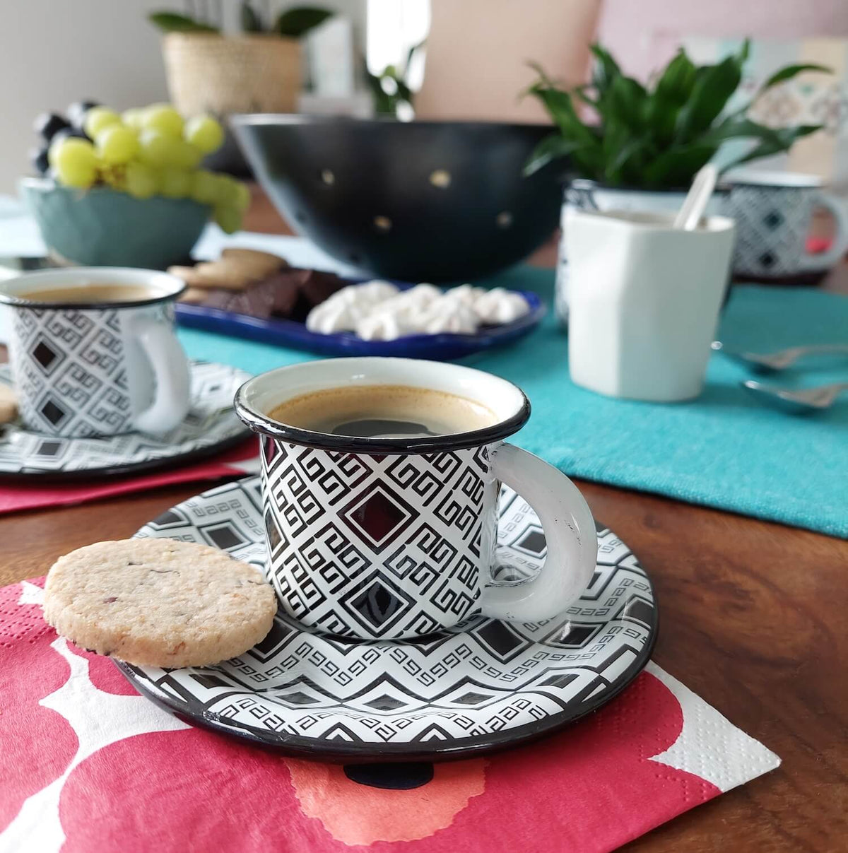 Enamel Espresso Cup & Plate Set - Black & White Geometric Mexican Textiles