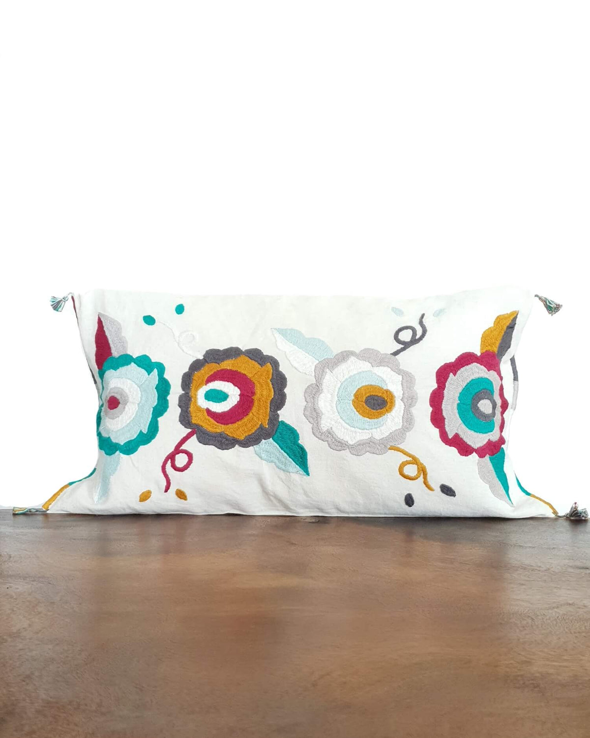Decortive Pillow with hand embroidered flowers in red and green