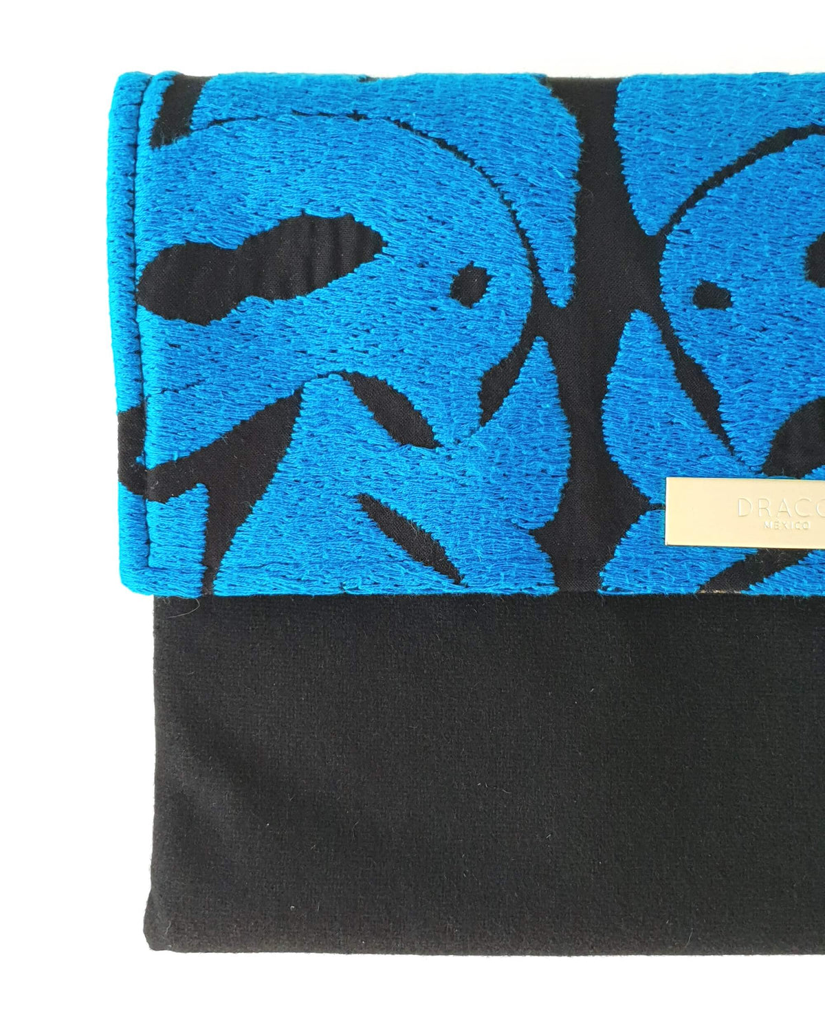 Cross Body & Clutch Bag with Embroidered Flowers Black & Blue - Handmade Draco