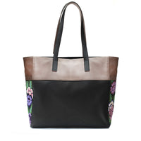 Leather Handbag Black with Beige with Embroidered Flowers Dalia - Shoulder & Travel Bag - Hand embroidered