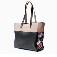 Leather Handbag Black with Beige with Embroidered Flowers Dalia - Shoulder & Travel Bag - Hand embroidered