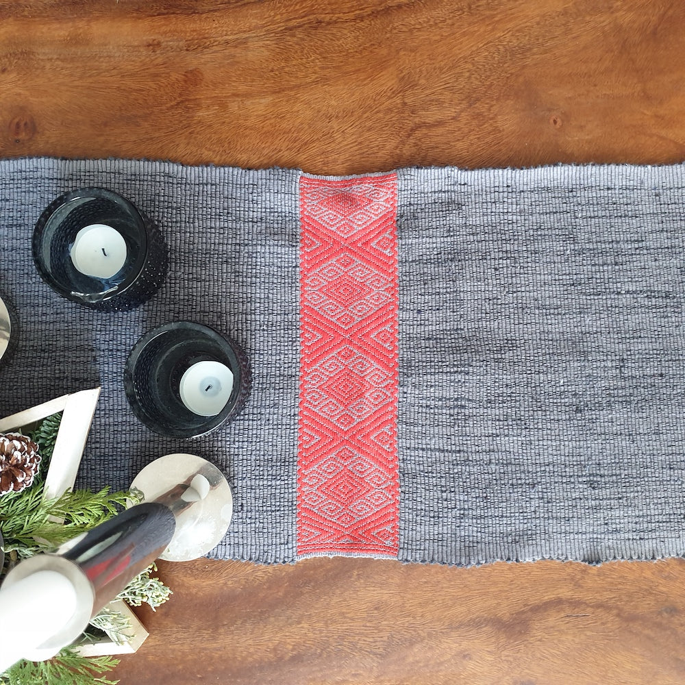 Cotton Table Runner Grey & Coral Handwoven