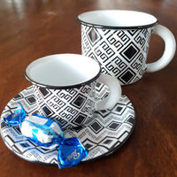 Enamel Coffee Cup - Black & White Mug with Geometric Mexican Textiles