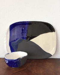 Cheese Platter Set in Blue, White & Black fron view with one bowl