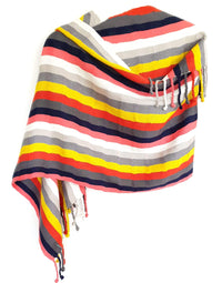Cotton Shawl Wrap & Scarf with Coral, Blue & Yellow Stripes Handwoven