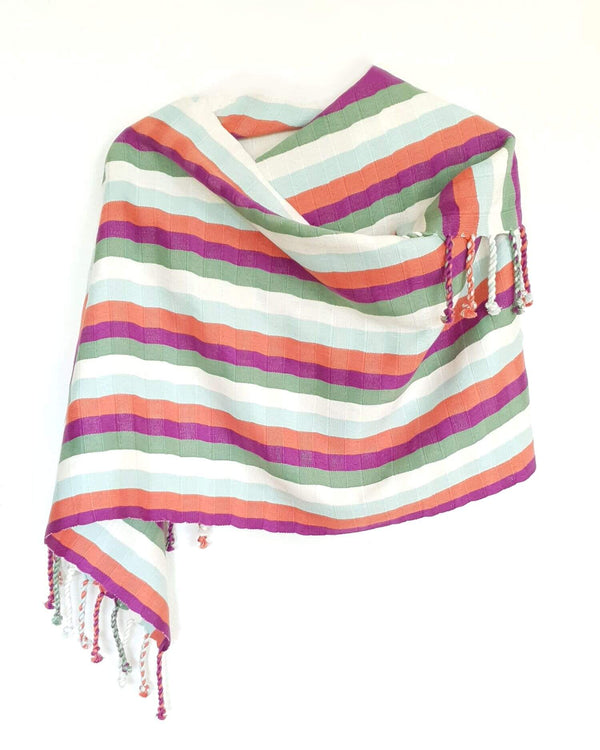 Cotton Shawl Wrap & Scarf with Coral, Blue & Yellow Stripes Handwoven