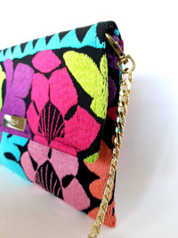 Cross Body & Clutch Bag with Embroidered Flowers in Blue, Purple & Pink side view