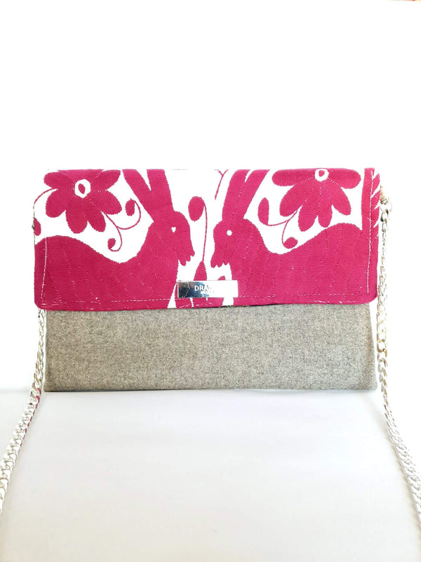 Cross Body & Clutch Bag with Embroidered Flowers in Grey & Burgundy Red