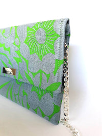 Cross Body & Clutch Bag with Embroidered Flowers in Grey & Green side view