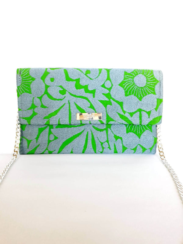 Cross Body & Clutch Bag with Embroidered Flowers in Grey & Green 