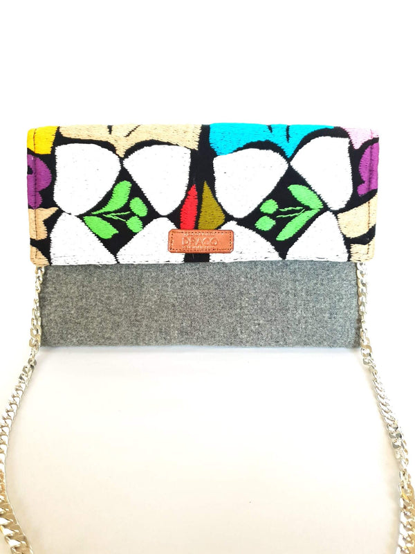 Cross Body & Clutch Bag with Embroidered Flowers in Grey, White, Blue & Green
