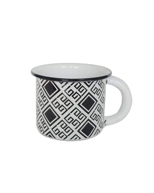 Enamel coffee cup black & white geometric