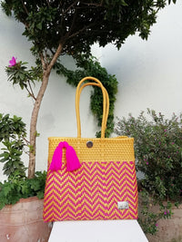Tote Beach Bag Yellow & Pink - Handwoven Recycled Plastic - I-XU Unique