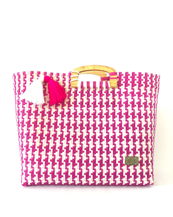 I-XU Unique Wood Handle Bag pink and white front view