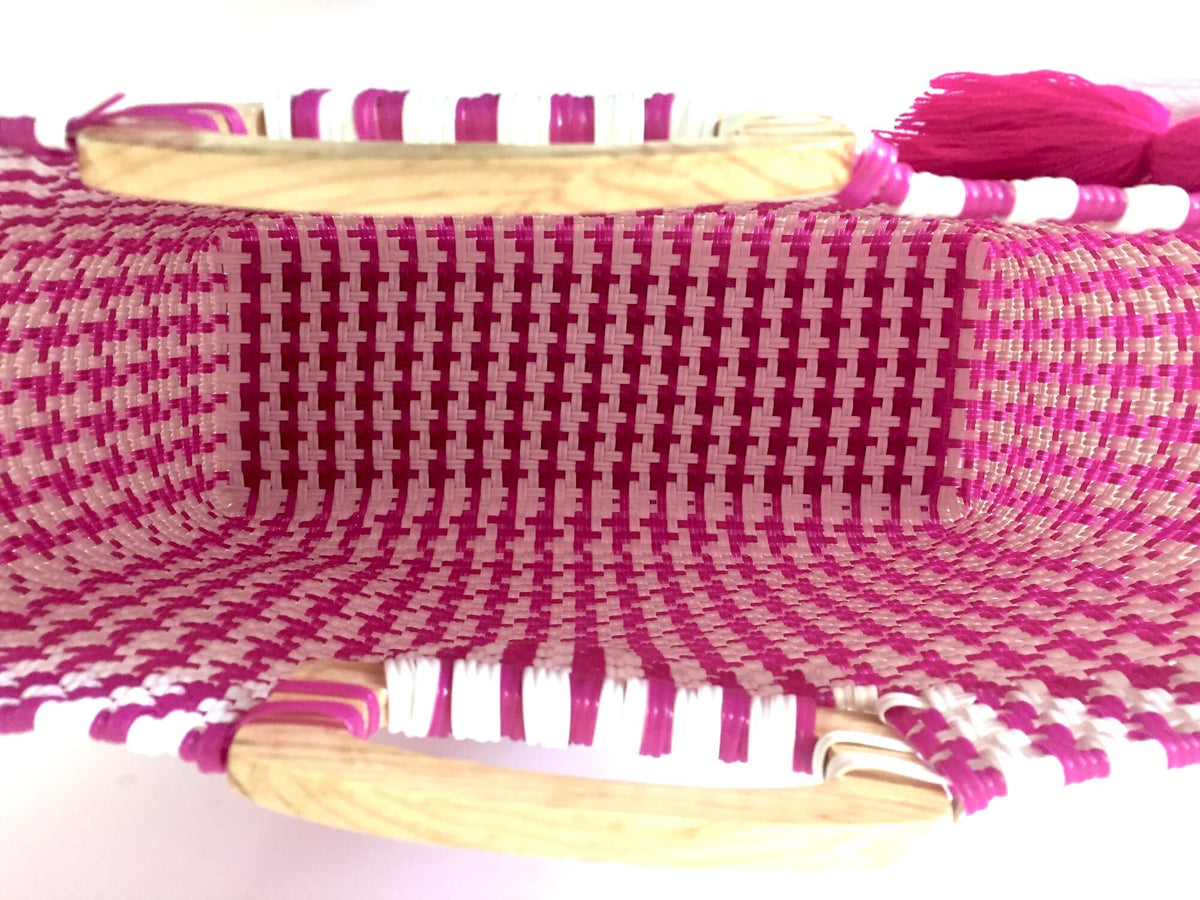 I-XU Unique Wood Handle Bag pink and white top view