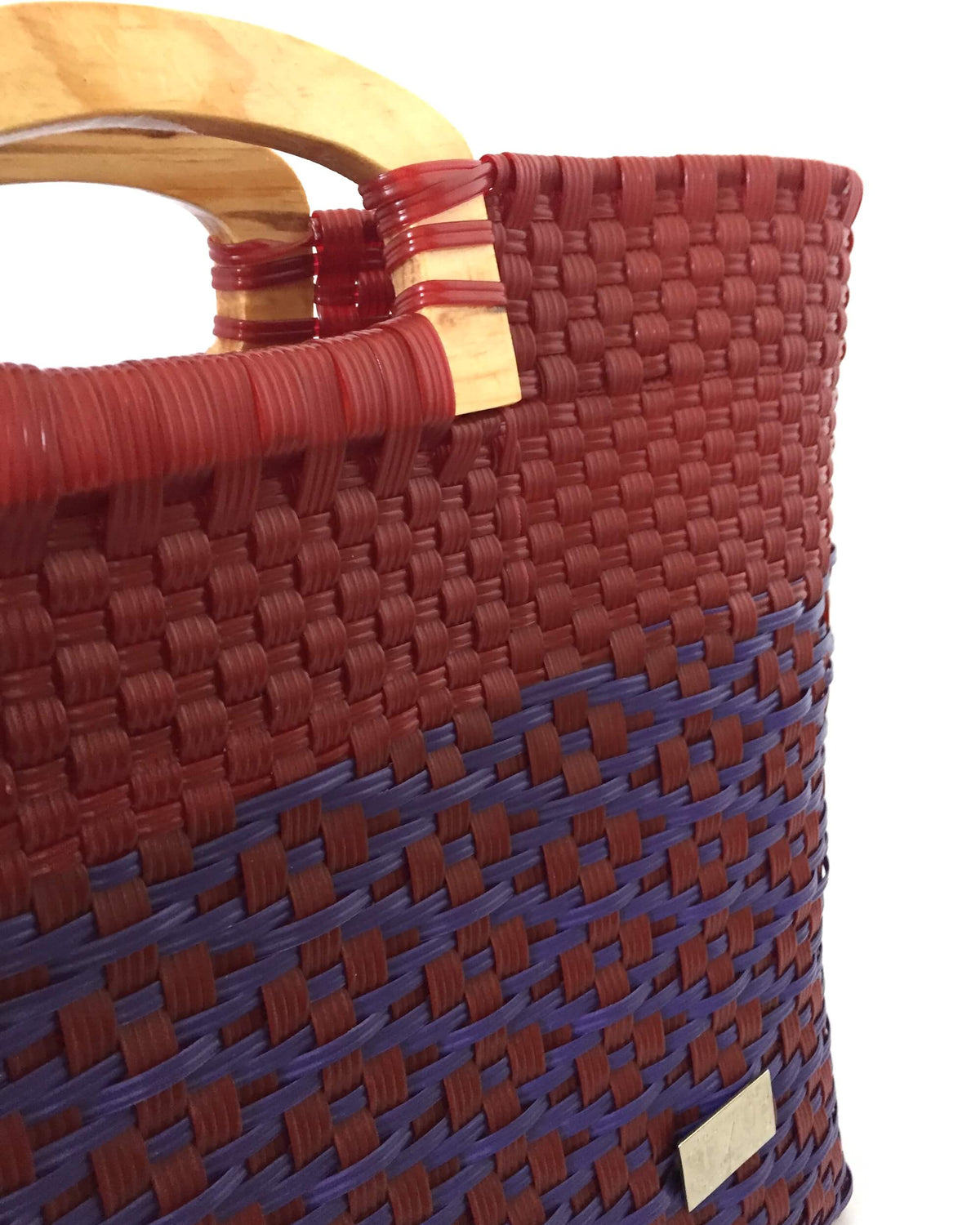 I-XU Unique Wood Handle Bag red with purple detail view