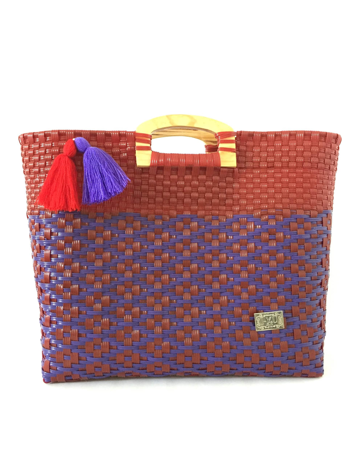I-XU Unique Wood Handle Bag red with purple front view